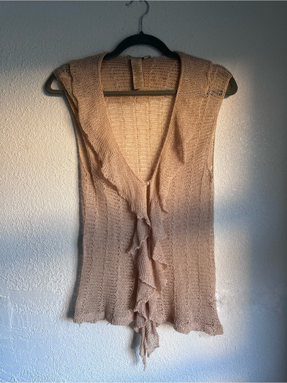 BCBGMaxAzria Open Knit Ruffle Front Sleeveless Top in Beige